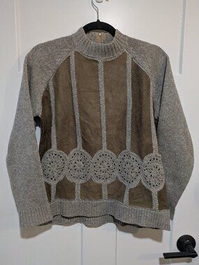 Rare Vintage 70s Tami Wool Crochet Patchwork & Suede Sweater Gray/Brown